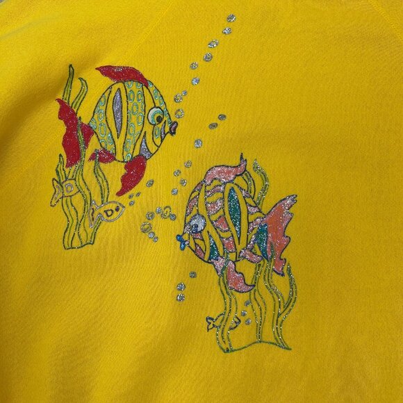 Vintage Hanes Hand Painted Sweatshirt Womens XL Yellow Fish Made in U.S.A Ladies - Picture 3 of 11